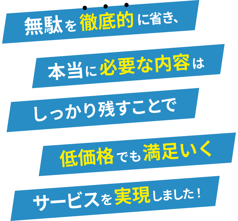 無駄を徹底的に省き、本当に必要な内容はしっかり残すことで低価格でも満足いくサービスを実現しました！