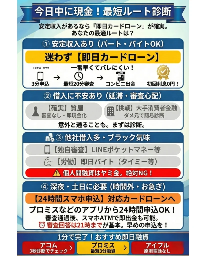 状況別カードローンのおすすめ｜今日中に現金を作る最短ルート診断