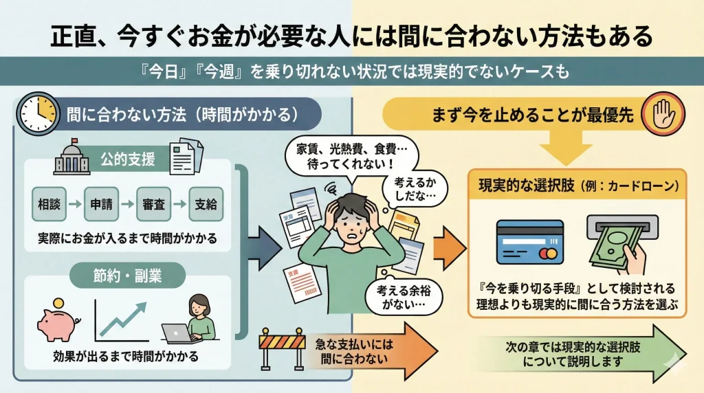 正直、今すぐお金が必要な人には間に合わない方法もある